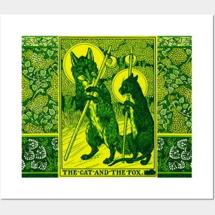 THE CAT AND THE FOX Forest Animals Yellow Green Floral Posters and Art